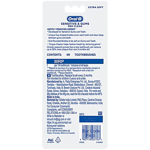 Oral-B Sensitive & Gums Pro Clean Tooth Brush, 4 pcs